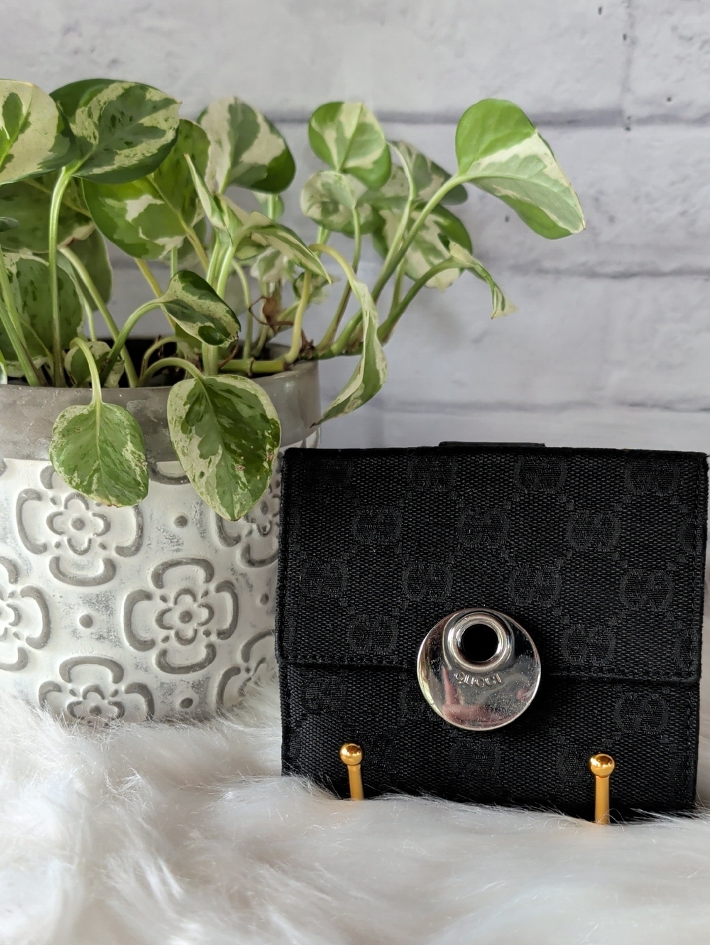 Authentic Gucci Black Monogram Canvas Compact Wallet with Silver-Tone Disc Snap